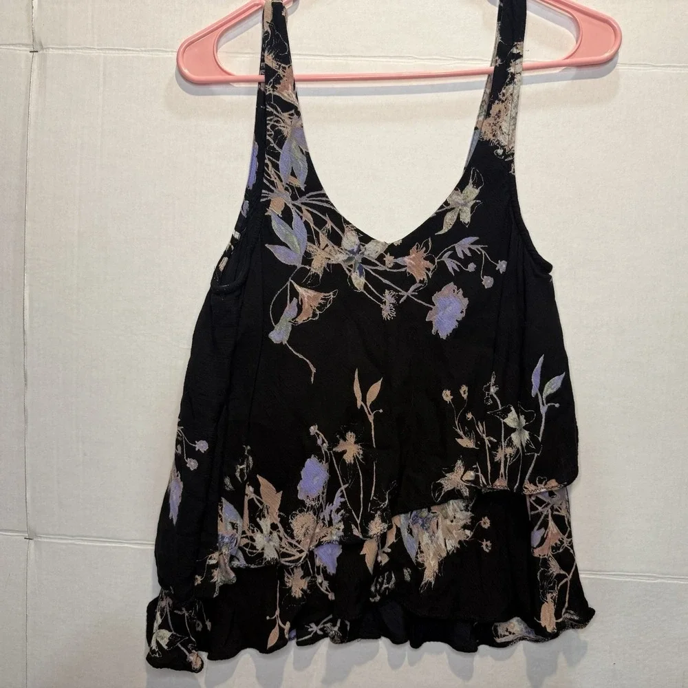 Free People Intimately Women's Size XS Black Floral V-Neck Ruffle Sleeveless Top